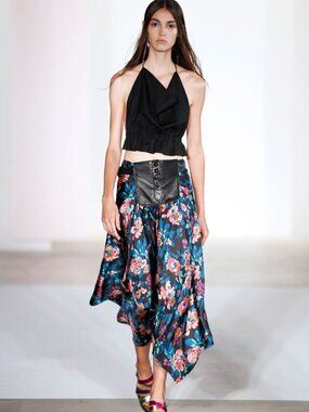 JILL STUART Black Floral Silk Twill Leather Trim Handerchief Midi Skirt, Size S